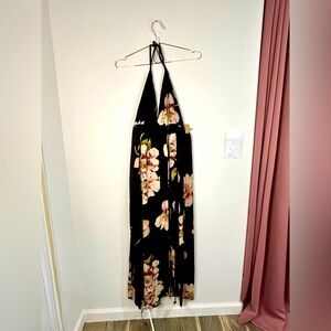 Boho Floral Halter Maxi Dress Small Black Pink Tie Back Lightweight Vacation